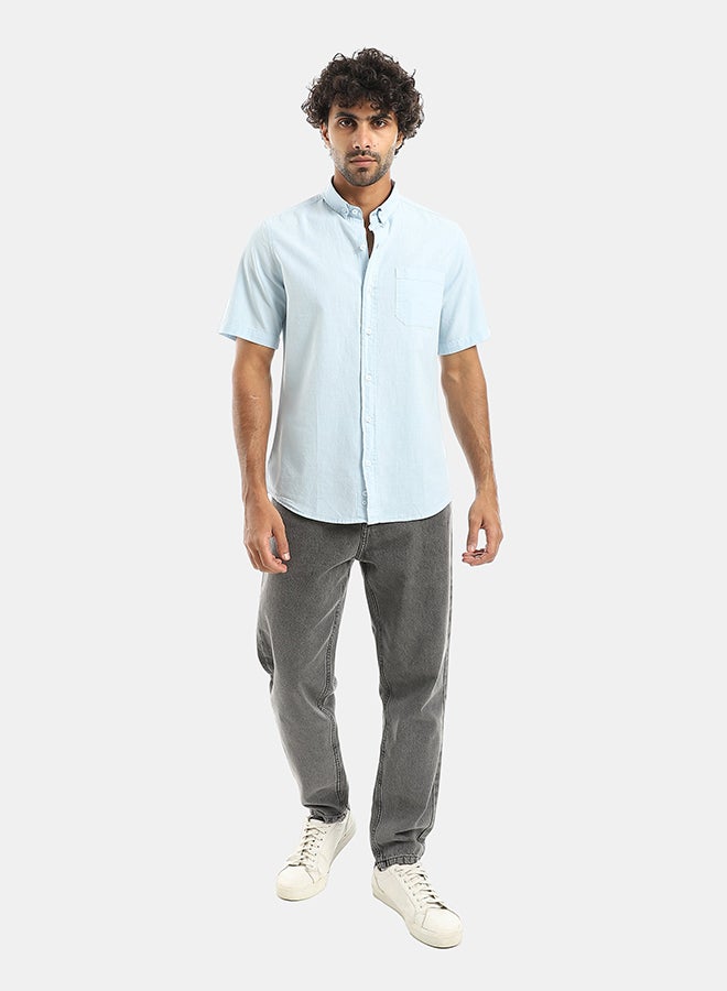 Andora Turned Down Collar Button Closure Long Sleeves Casual Shirt - Light Blue - Image 5