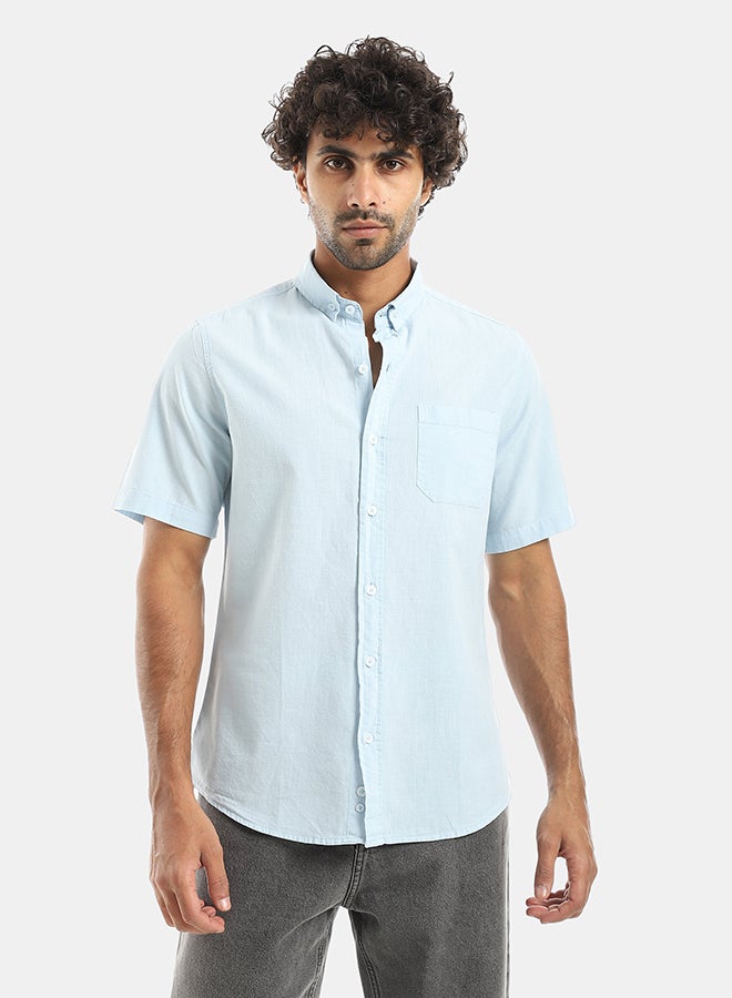 Andora Turned Down Collar Button Closure Long Sleeves Casual Shirt - Light Blue - Image 1
