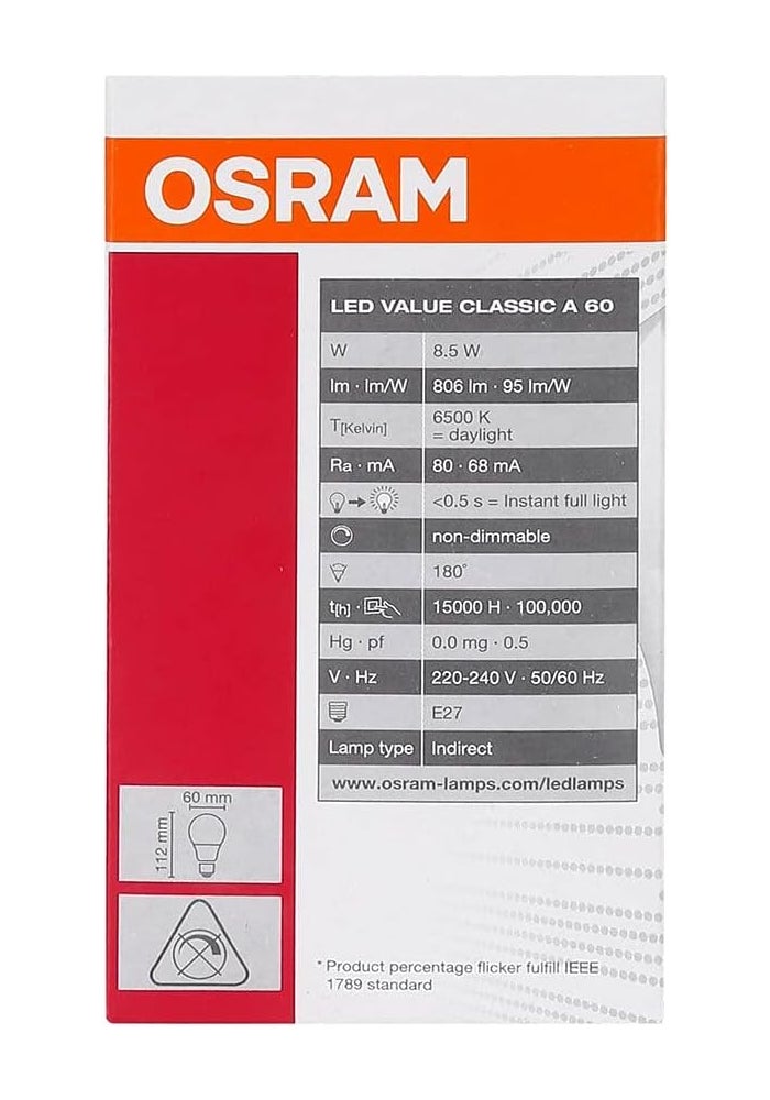 Osram Clas A 8.5 W/6500K LED Bulb E27 Value Lamp (Cool White, Combo Pack of 5) - Image 4