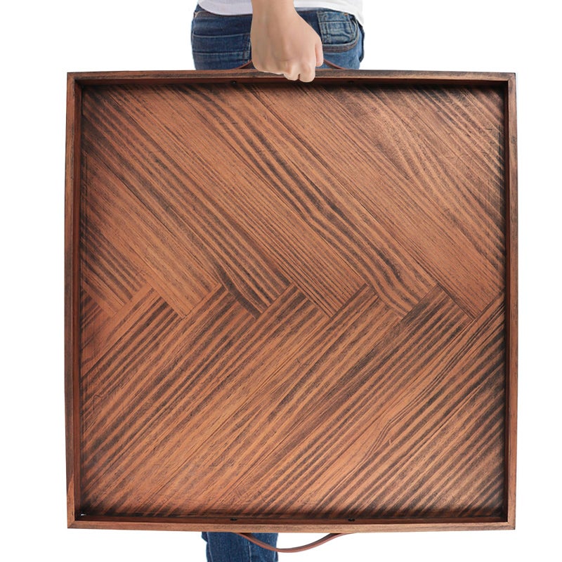SXNOWS Large Ottoman Wood Trays Wooden Serving Tray with Handles Large Ottoman Tray Square Wooden Serving Tray for Coffee Table Living Room and Kitchen 24 x 24 inch