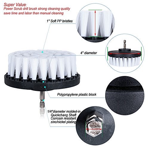 HIFROM Drill Brush - 4 inch Power Drill Attachment Soft Bristle White Quick Change Shaft Scrub Cleaning Brush for Carpet, Upholstery, Leather, Glass (White) - Image 2