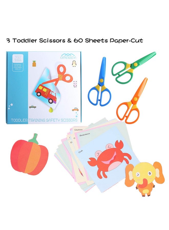 amassan 3-Pack Toddler Safety Scissors Kit - Child-Safe Preschool Training Scissors & 60 Sheets Paper Cutting | Ergonomic Blunt Tips, Early Childhood Development Tools for Kids 2-5 Years - Image 2