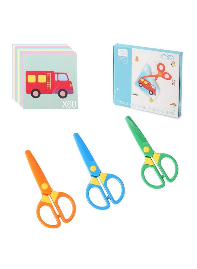 amassan 3-Pack Toddler Safety Scissors Kit - Child-Safe Preschool Training Scissors & 60 Sheets Paper Cutting | Ergonomic Blunt Tips, Early Childhood Development Tools for Kids 2-5 Years - Image 1