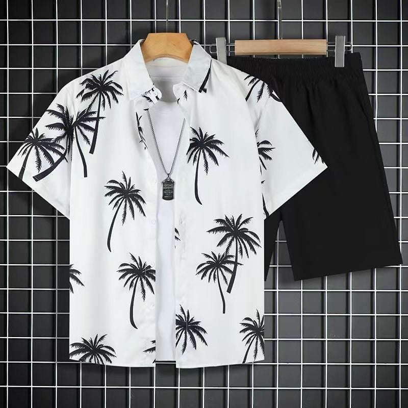 Generic Beach suit Summer Short-sleeved Fashionable Shirt plus size Loose Hawaiian Mens Casual Shorts Collocation Couple Fb-212#Suit [shirt + shorts] 