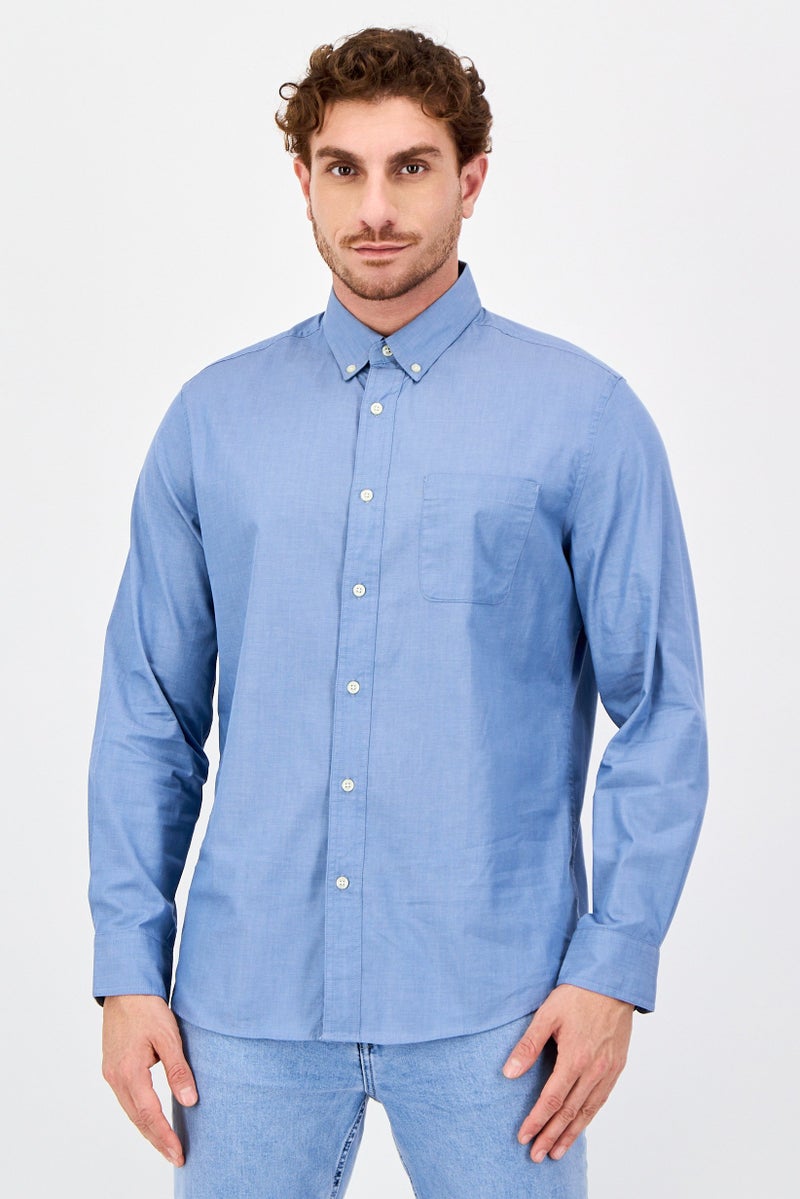 Chaps Men Stretch Fit Plain Long Sleeve Casual Shirt, Blue - Image 1