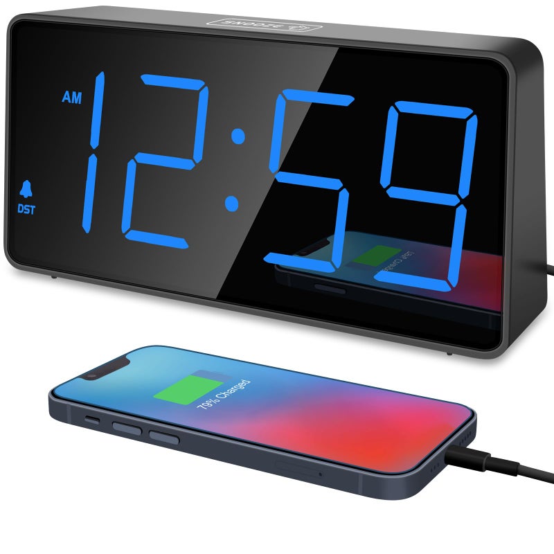Peakeep Digital Alarm Clock for Bedroom Bedside Loud Alarm Clock for Heavy Sleepers Large Big LED Numbers for Seniors Battery Backup Plug in Electric Clock with USB Charger Blue