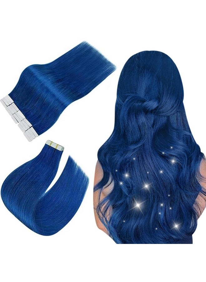 Easyouth - 16Inch Blue Hair Extensions Tape In Human Hair Invisible Tape In Extensions Human Hair Colored Tape In Hair Extensions Blue Hairstyle 25G 10Pcs - Image 1