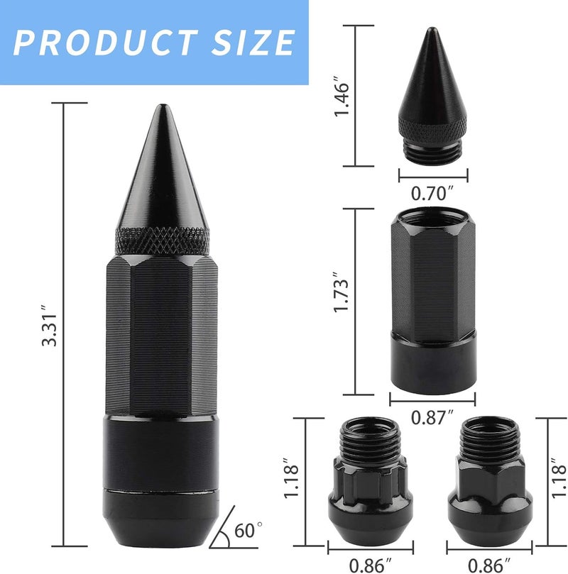 EZPROIT 24Pcs Anti Theft Spikes Extended Tuner Wheel/Rims Lug Nut M14X1.5 with Socket (Black) - Image 2