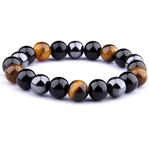 EDMIRIA Hematite Semi Precious Stones Reiki Chakra Healing/Yoga/Meditation Crystal Fengshui Stretchable Bracelet Triple Protection for Men and Women (Tiger Eye + Black Obisidian) - Image 1