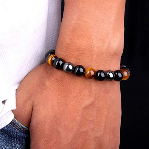 EDMIRIA Hematite Semi Precious Stones Reiki Chakra Healing/Yoga/Meditation Crystal Fengshui Stretchable Bracelet Triple Protection for Men and Women (Tiger Eye + Black Obisidian) - Image 3