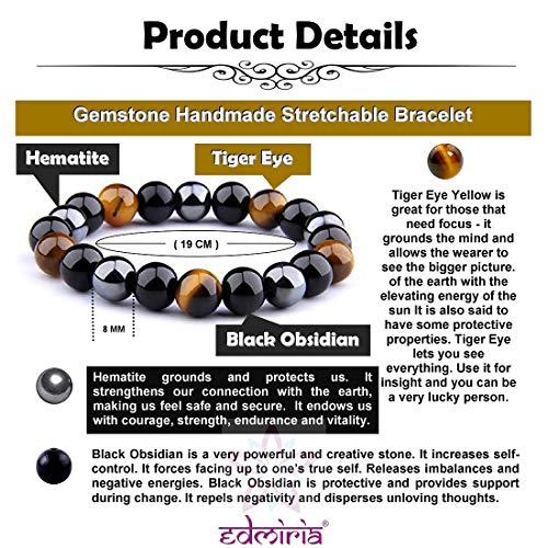 EDMIRIA Hematite Semi Precious Stones Reiki Chakra Healing/Yoga/Meditation Crystal Fengshui Stretchable Bracelet Triple Protection for Men and Women (Tiger Eye + Black Obisidian) - Image 4