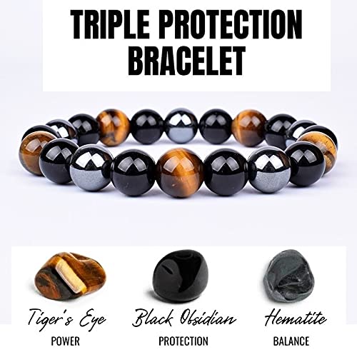 EDMIRIA Hematite Semi Precious Stones Reiki Chakra Healing/Yoga/Meditation Crystal Fengshui Stretchable Bracelet Triple Protection for Men and Women (Tiger Eye + Black Obisidian) - Image 2