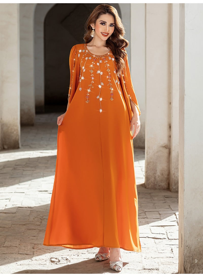 Women Round Neck Abaya Dress Petal Flared Sleeve Floral Rhinestone Loose Maxi Dress - Image 2