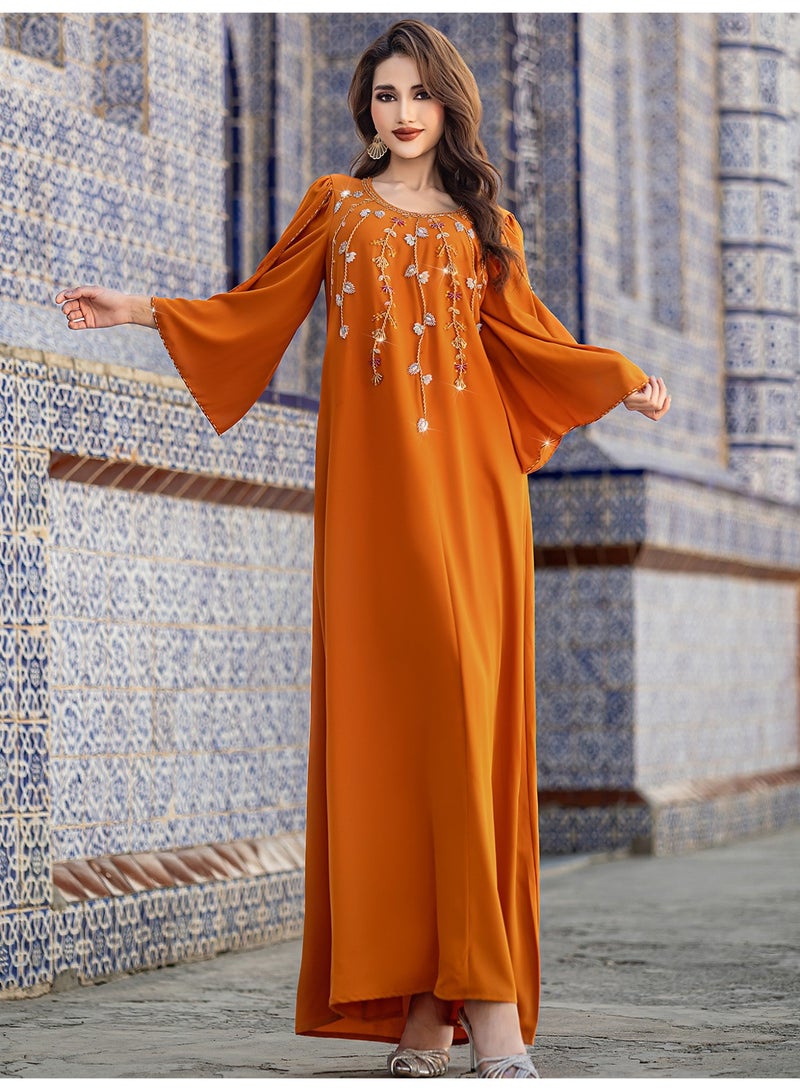 Women Round Neck Abaya Dress Petal Flared Sleeve Floral Rhinestone Loose Maxi Dress - Image 1
