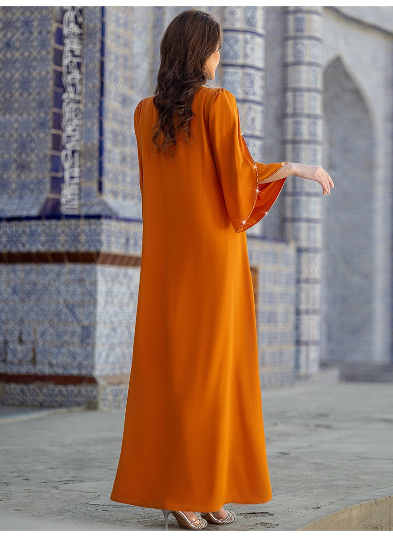 Women Round Neck Abaya Dress Petal Flared Sleeve Floral Rhinestone Loose Maxi Dress - Image 3