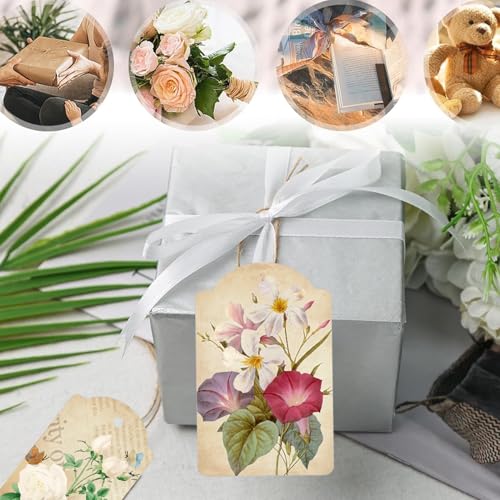 SMARSTICKER 80pcs Vintage Flower Hanging Tags Card Blank Gift Tags with String Flower Style Paper Gift Tags for Wedding Birthday Party Decor, DIY Gift Wrapping, Scrapbooking, Wedding Gifts - Image 4