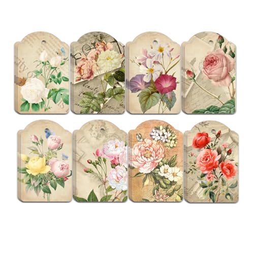 SMARSTICKER 80pcs Vintage Flower Hanging Tags Card Blank Gift Tags with String Flower Style Paper Gift Tags for Wedding Birthday Party Decor, DIY Gift Wrapping, Scrapbooking, Wedding Gifts - Image 1