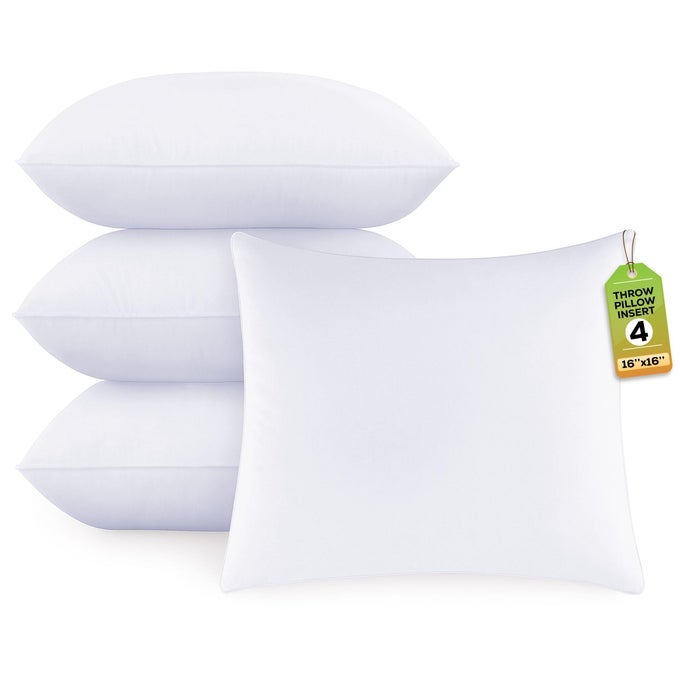WHITE THROW PILLOWS INSERT PACK OF 4 16 X 16 INCHES POLYESTER SHAM STUFFER THROW PILLOW LIGHTWEIGHT SQUARE INDOOR DECORATIVE PILLOWS BED AND CUSHION COUCH PILLOWS