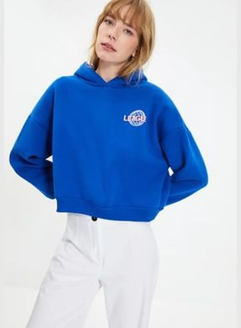 trendyol Sax-Back Print Detailed Hooded Thick Fleece Inner Knitted Sweatshirt TWOAW22SW0711