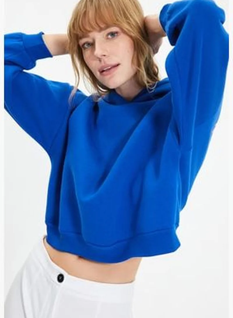 trendyol Sax-Back Print Detailed Hooded Thick Fleece Inner Knitted Sweatshirt TWOAW22SW0711