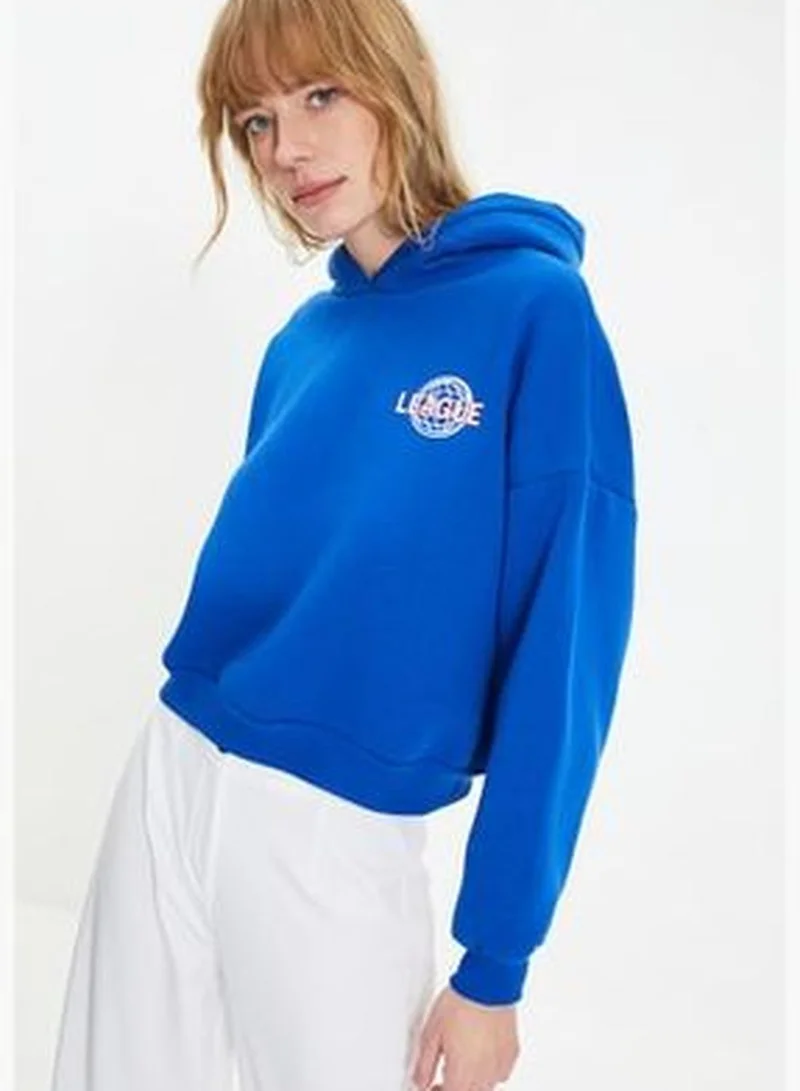 trendyol Sax-Back Print Detailed Hooded Thick Fleece Inner Knitted Sweatshirt TWOAW22SW0711