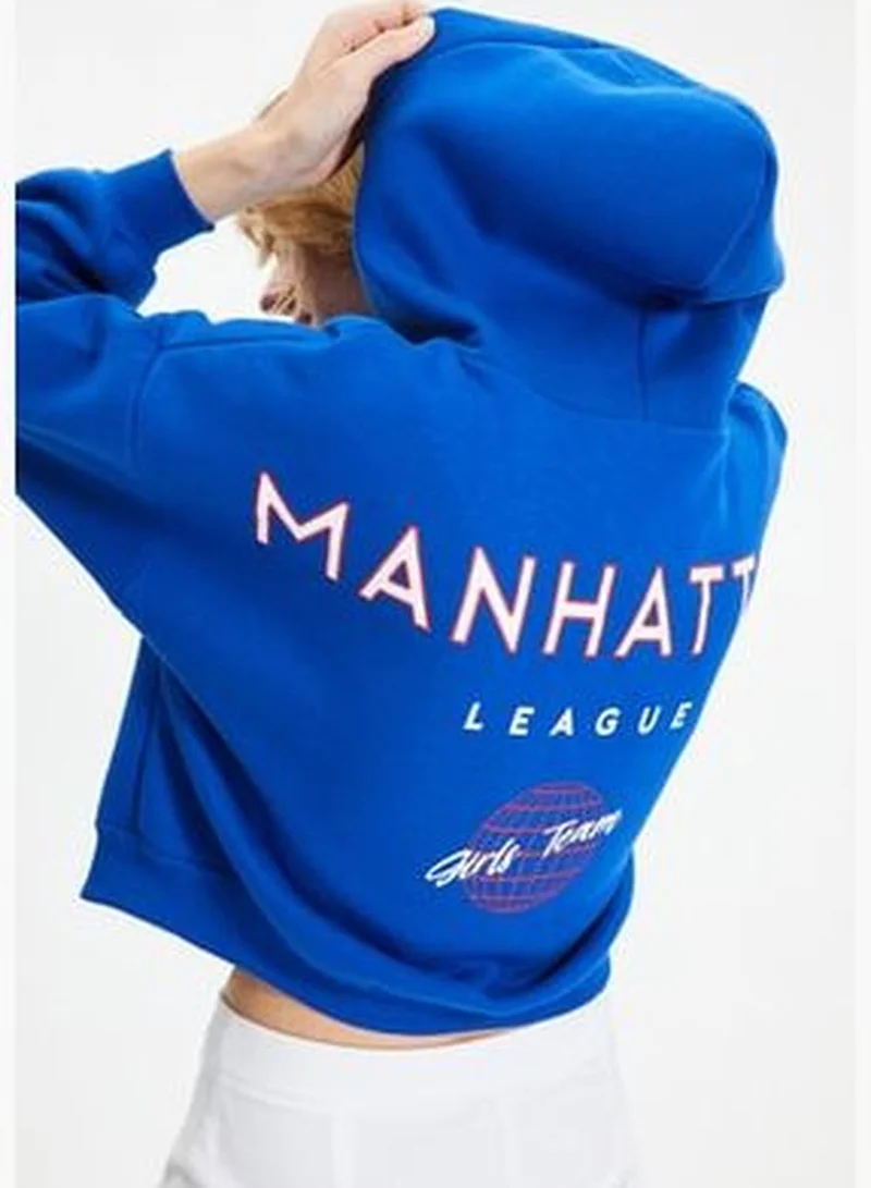 trendyol Sax-Back Print Detailed Hooded Thick Fleece Inner Knitted Sweatshirt TWOAW22SW0711