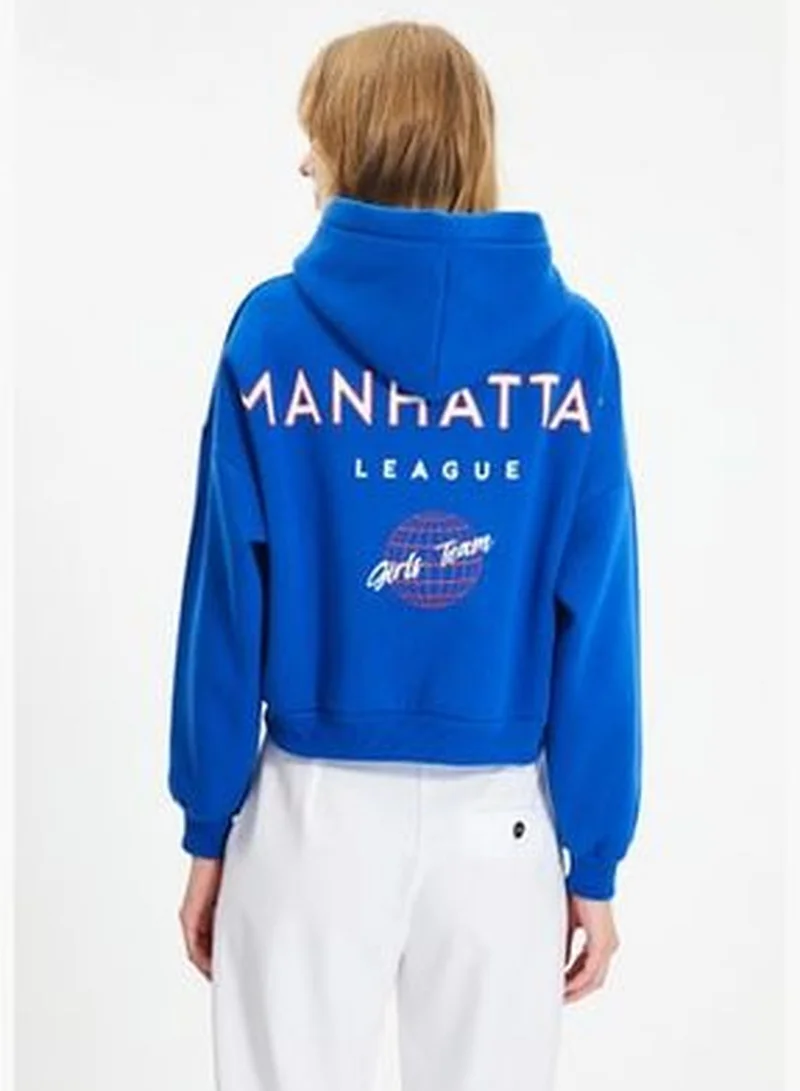 trendyol Sax-Back Print Detailed Hooded Thick Fleece Inner Knitted Sweatshirt TWOAW22SW0711