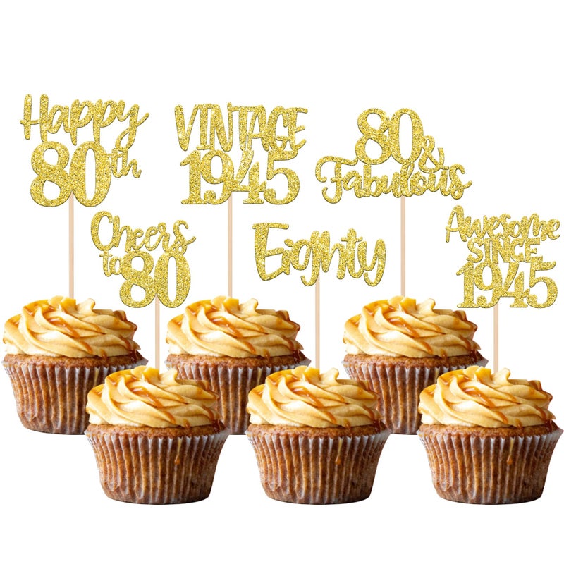 RSSTARXI 24 Pack Gold Happy 80th Cupcake Cupcake Toppers 80 80 Fabulous Vintage 1945 Cupcake Picks for Awesom - Image 1