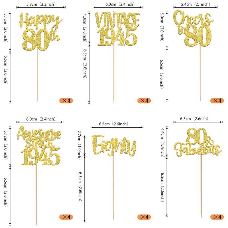 RSSTARXI 24 Pack Gold Happy 80th Cupcake Cupcake Toppers 80 80 Fabulous Vintage 1945 Cupcake Picks for Awesom - Image 2