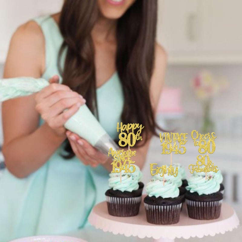 RSSTARXI 24 Pack Gold Happy 80th Cupcake Cupcake Toppers 80 80 Fabulous Vintage 1945 Cupcake Picks for Awesom - Image 4