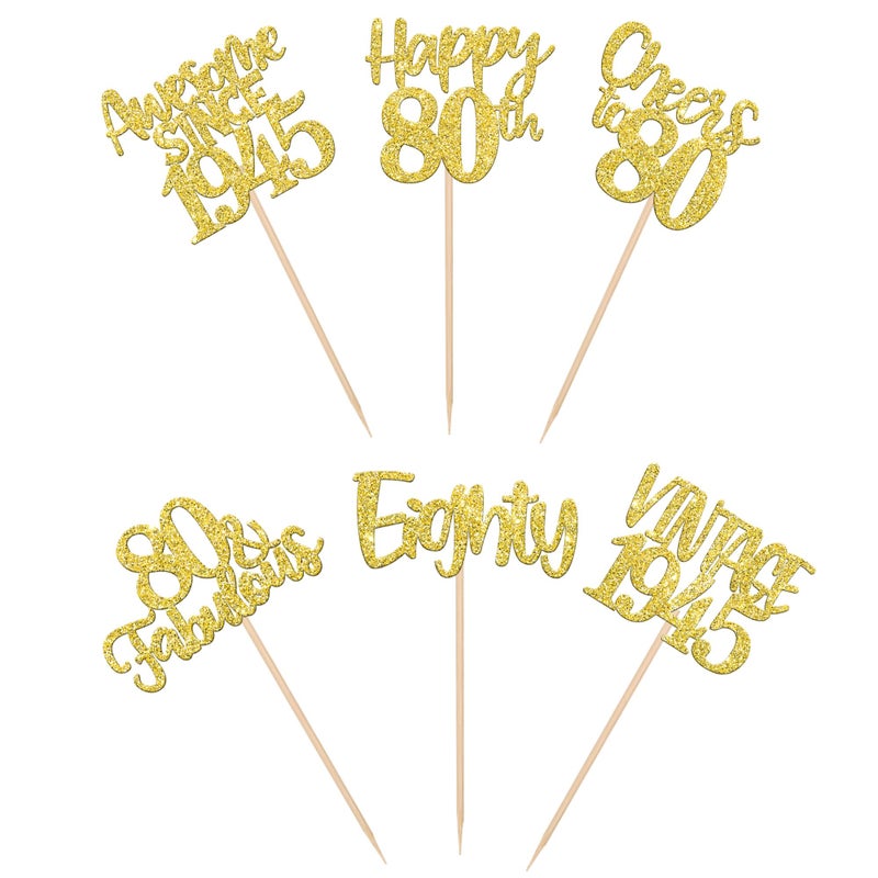 RSSTARXI 24 Pack Gold Happy 80th Cupcake Cupcake Toppers 80 80 Fabulous Vintage 1945 Cupcake Picks for Awesom - Image 3