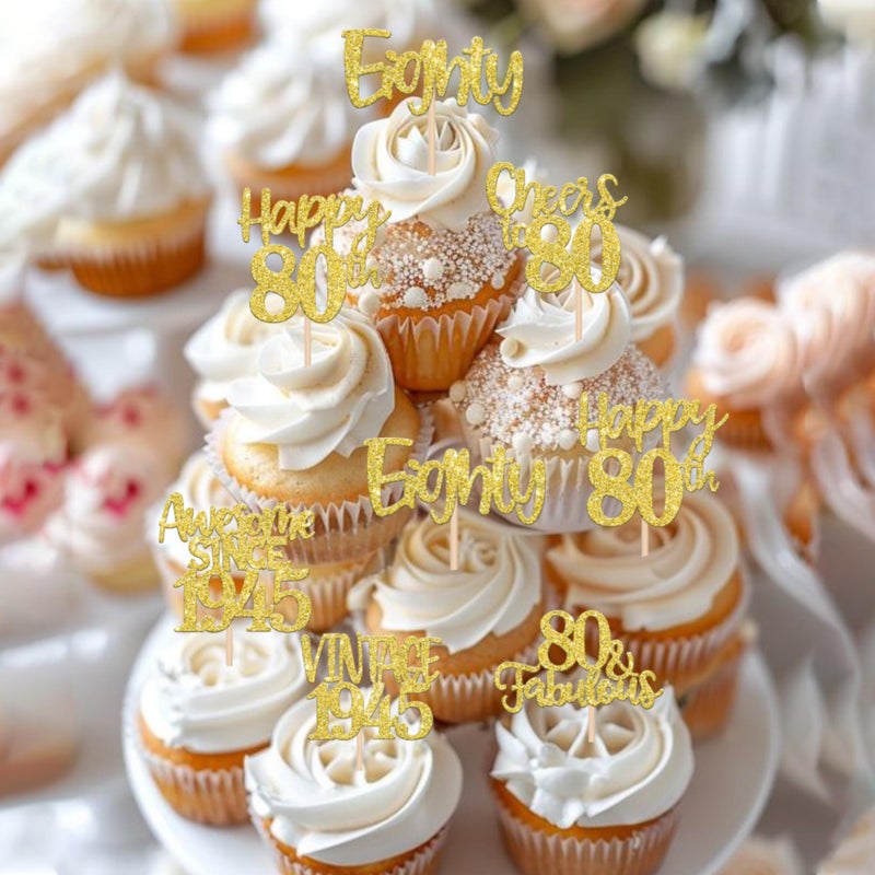 RSSTARXI 24 Pack Gold Happy 80th Cupcake Cupcake Toppers 80 80 Fabulous Vintage 1945 Cupcake Picks for Awesom - Image 5