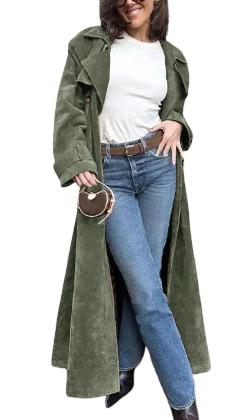 utcoco Womens Faux Suede Long Trench Coat Notched Lapel Double Breasted Pea Coat Overcoat with Belt (Medium, Army Green) - Image 1