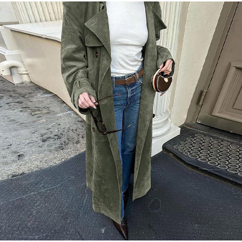 utcoco Womens Faux Suede Long Trench Coat Notched Lapel Double Breasted Pea Coat Overcoat with Belt (Medium, Army Green) - Image 2