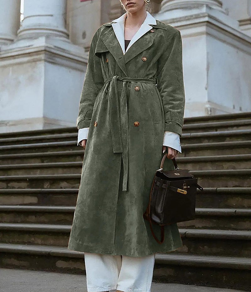 utcoco Womens Faux Suede Long Trench Coat Notched Lapel Double Breasted Pea Coat Overcoat with Belt (Medium, Army Green) - Image 5