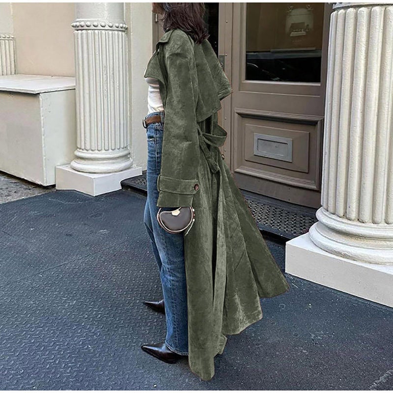 utcoco Womens Faux Suede Long Trench Coat Notched Lapel Double Breasted Pea Coat Overcoat with Belt (Medium, Army Green) - Image 3