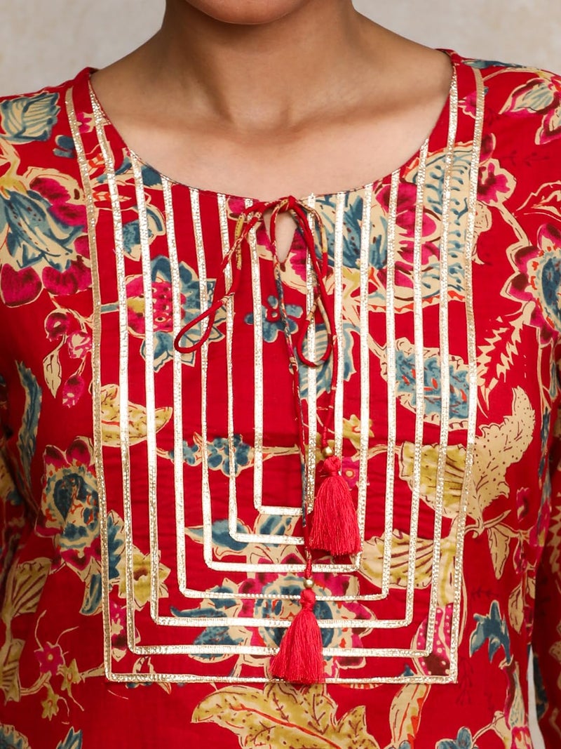 Varanga Women Bold Floral Printed with Lace gota Patti Detailed Yoke Kurta Red - Image 5