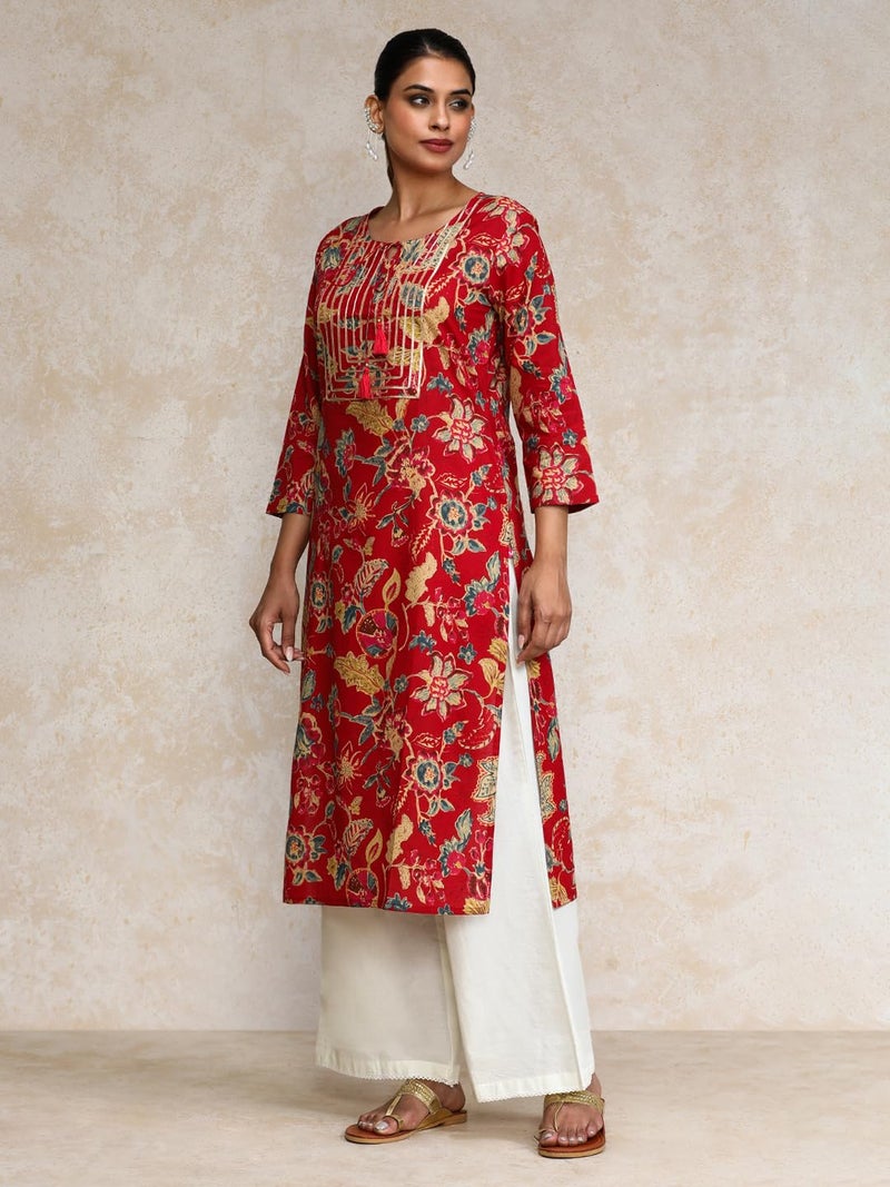 Varanga Women Bold Floral Printed with Lace gota Patti Detailed Yoke Kurta Red - Image 3