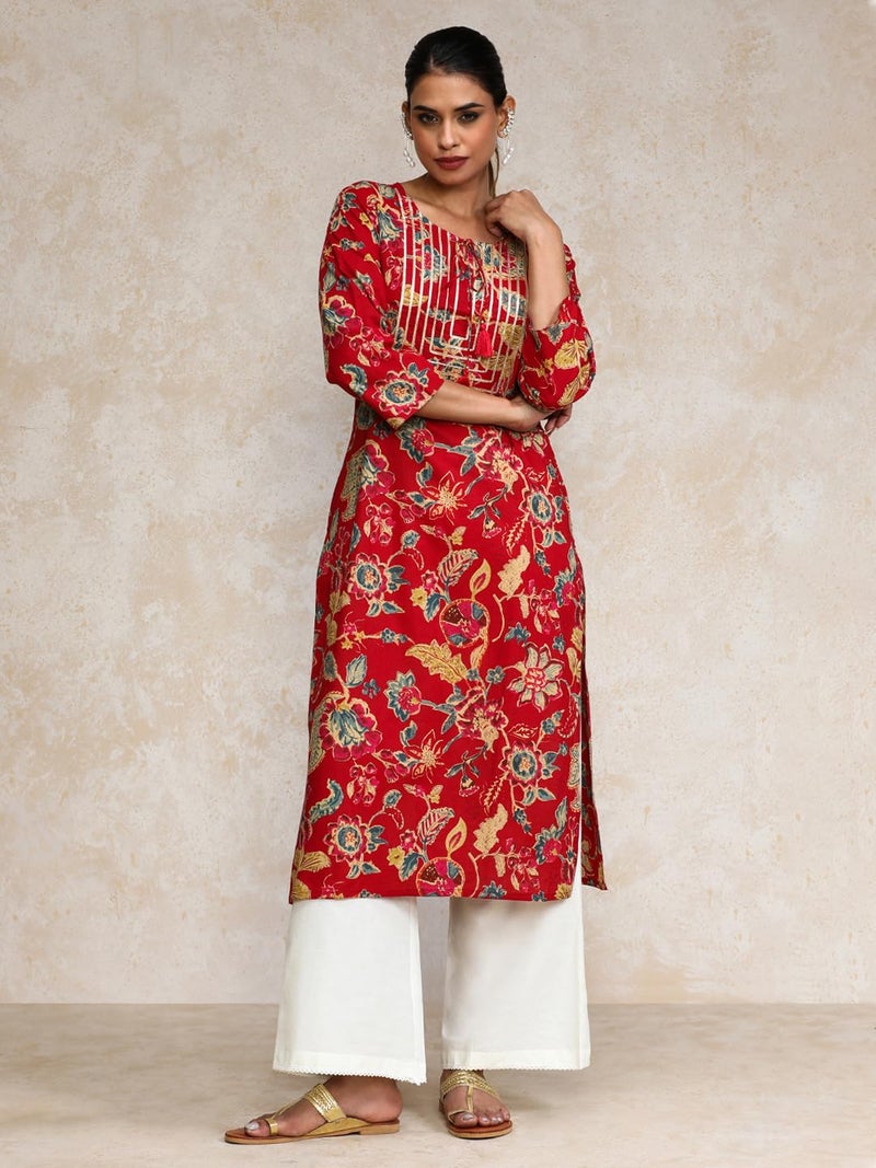 Varanga Women Bold Floral Printed with Lace gota Patti Detailed Yoke Kurta Red - Image 2