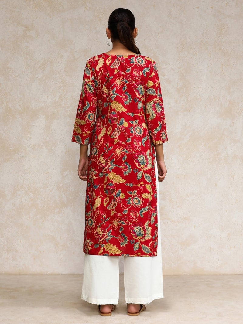 Varanga Women Bold Floral Printed with Lace gota Patti Detailed Yoke Kurta Red - Image 4