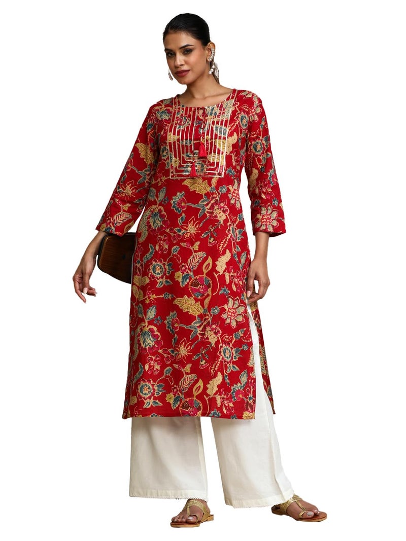 Varanga Women Bold Floral Printed with Lace gota Patti Detailed Yoke Kurta Red - Image 1