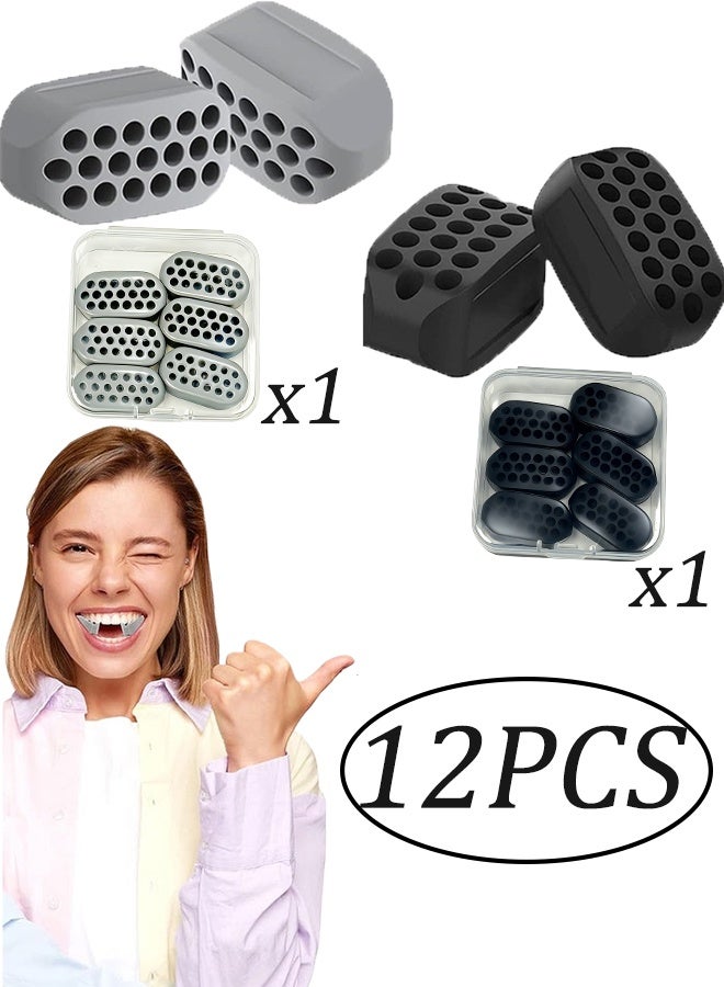 12 Pieces Jaw Exerciser for Men and Women Food Grade Silicone Face Shaper Set Jawline Sculpting Tool Double Chin Reducer Chewing Trainer BPA Free for Beginner Intermediate Advanced Users,Grey and Black - Image 1