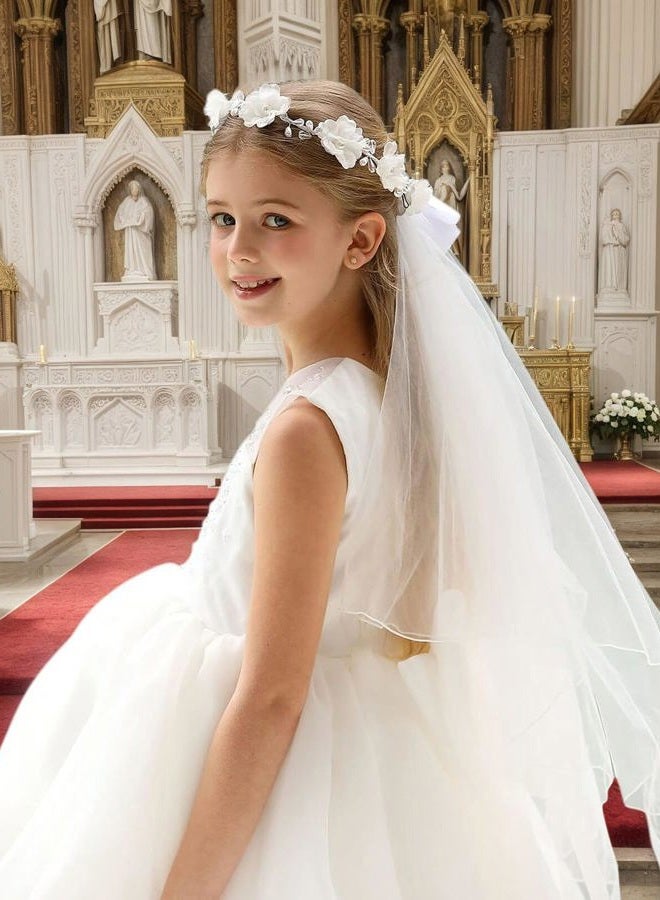 Floral Fall First Communion Flower Girls Bow Wedding Veil White Flower Wreath Pearl Rhinestone Floral Crown, White Pearl Crown, one size - Image 2