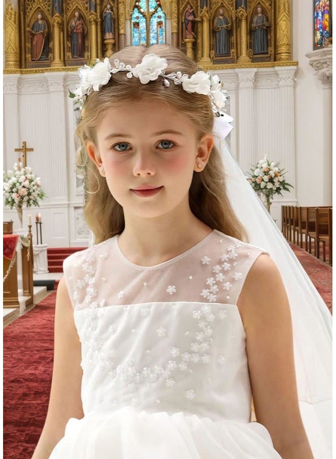 Floral Fall First Communion Flower Girls Bow Wedding Veil White Flower Wreath Pearl Rhinestone Floral Crown, White Pearl Crown, one size - Image 5