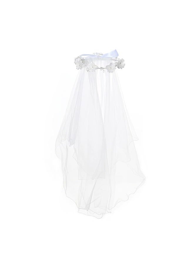 Floral Fall First Communion Flower Girls Bow Wedding Veil White Flower Wreath Pearl Rhinestone Floral Crown, White Pearl Crown, one size - Image 1