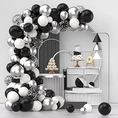 Lazybeee Black Silver White Confetti Balloons Arch Kit, 120 PCS 12in 10in 5in Latex Balloons Garland Arches Kit for Birthday, Wedding, Anniversary, Celebrations Party Decoration - Image 1