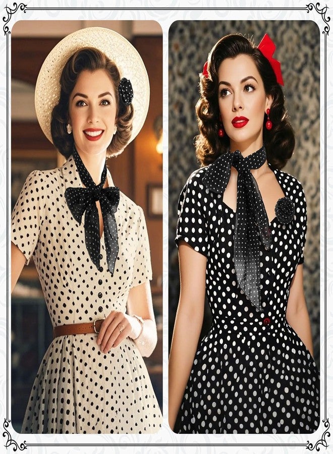 GERINLY 1950s Polka Dots Neck Scarf with Matching Flower Hair Clip, Women Vintage Ribbon Hair Scarf, Sock Hop Accessories - Image 3