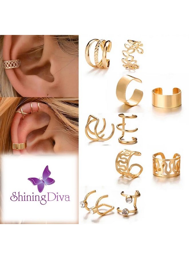 Shining Diva Fashion - Shining Diva Fashion Latest Stylish 12 Pcs Combo Clip On Ear Cuff Earrings for Women and Girls (14903er)(Gold) - Image 1