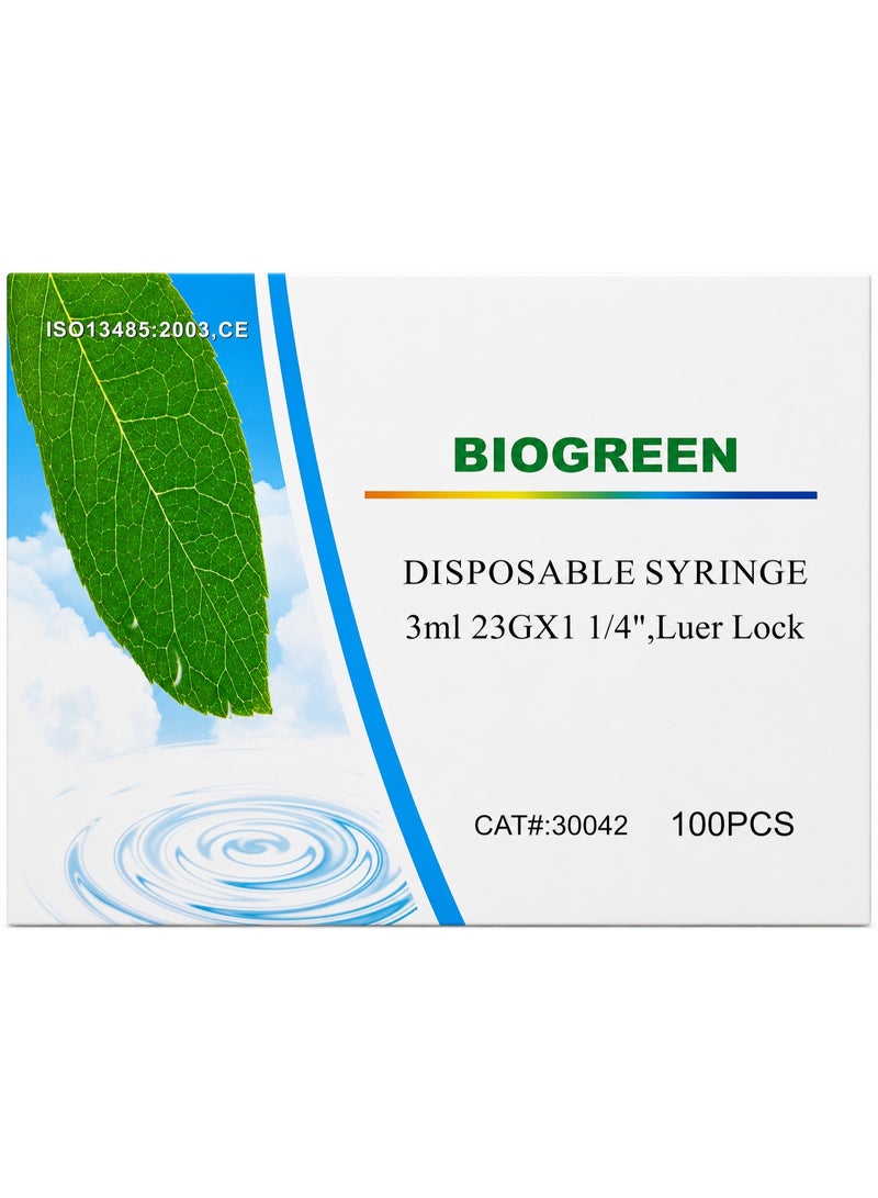 BioGreen 3mL Sterile Syringe with 23G × 1¼″ Needle – 100PCS