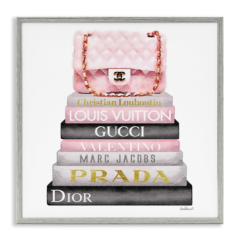 Stupell Industries Watercolor High Fashion Bookstack Padded Pink Bag Framed Giclee Art Design by Amanda Greenwood